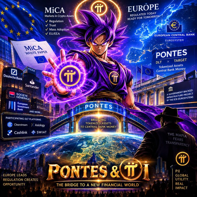 The image depicts a powerful anime-style warrior (resembling a Dragon Ball character) channeling a glowing "π" energy symbol, set against a backdrop of European landmarks and MiCA/PONTES branding for tokenized finance. Key text includes "MiCA Markets in Crypto-Assets," "PONTES: DLT × TARGET Tokenized Assets Central Bank Money," the "European Central Bank Eurosystem" seal, and participating DLT platforms (Clearstream, Axiology, Cashlink, Swiat), reinforcing the post's message about Europe leading crypto regulation and infrastructure.