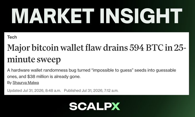 A news headline from ScalpX's "Market Insight" reads "Major bitcoin wallet flaw drains 594 BTC in 25-minute sweep," detailing a hardware wallet bug that resulted in $38 million being stolen from approximately 500 wallets.