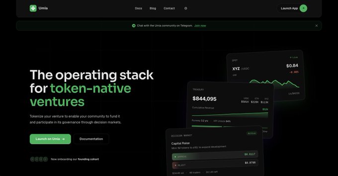 The image shows the homepage of Umia, featuring the tagline "The operating stack for token-native ventures" alongside a dashboard preview displaying an XYZ/USDC trading card at $0.84 (-1.38%), a treasury balance of $84,095, and a Capital Raiser decision market showing $8,113 in funding and 89.4k holders. This visual reinforces Umia's offering as an all-in-one onchain venture creation layer on Base by showcasing its integrated trading, treasury management, and decision-markets governance features.