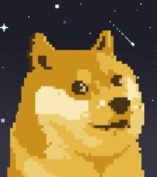 A pixel art illustration of a Shiba Inu dog set against a dark starry night sky, recognizable as the classic Doge meme.