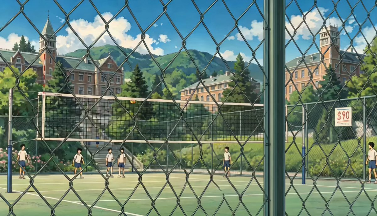 The image features a group of people playing volleyball behind a chain-link fence, with a building visible in the background. The scene appears to be set at a tennis court or a similar outdoor recreational area. There are several people engaged in the game, some standing near the net and others scattered around the court. A person is holding a ball, which suggests that they might have just finished playing or are about to start another round of play.