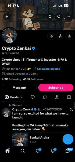 Twitter/X profile of 'Crypto Zenkai' (@zenkaixbt) with 4.2K following and 43.1K followers, featuring a pinned post about an upcoming launch and a CA posted on Telegram.