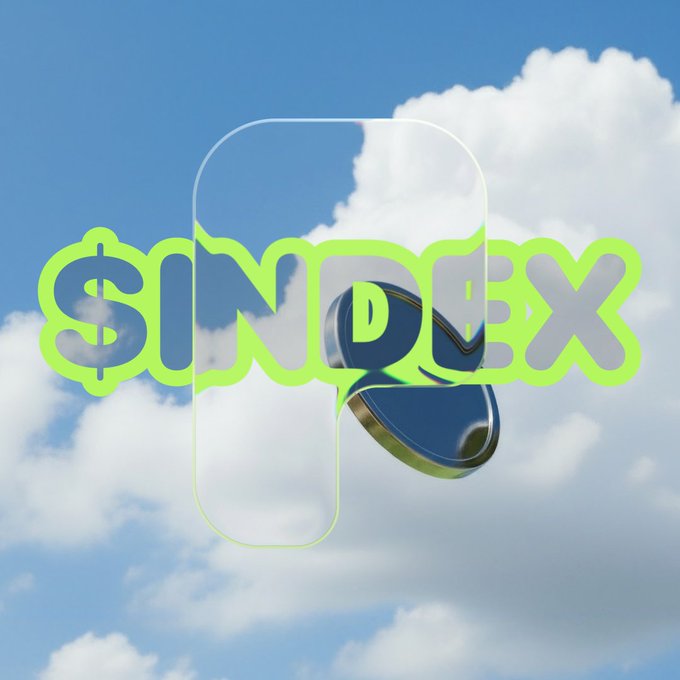 The image features bold neon green "$INDEX" text overlaid on a phone-shaped outline with a shiny metallic sphere and clouds, visually promoting the $INDEX token pairing announcement on Pons.