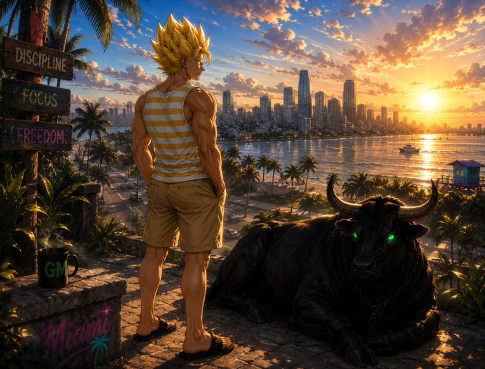 An anime-style illustration shows a muscular blonde character in a striped tank top standing beside a black bull with glowing green eyes, overlooking a coastal city at sunset; signs read 'DISCIPLINE,' 'FOCUS,' and 'FREEDOM,' with 'GM' on a mug and 'Miami' graffitied below.