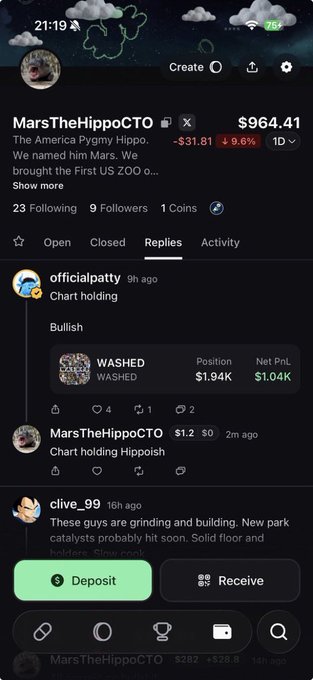 A mobile screenshot of a crypto/trading app showing the user 'MarsTheHippoCTO' with $964.41 holdings and a -$31.81 (-9.6%) loss, displaying recent replies in the activity feed.