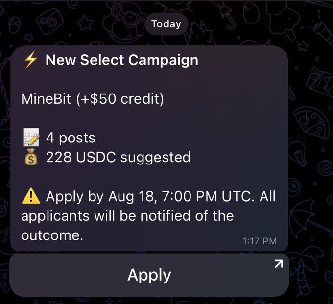 A notification card for a "New Select Campaign" from MineBit offering a +$50 credit with 4 posts and 228 USDC suggested, requiring application by Aug 18, 7:00 PM UTC. The image shows the campaign details that prompted the user's question about whether the offer is worthwhile.