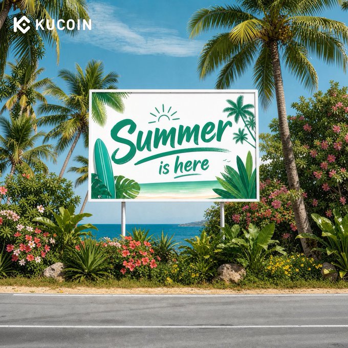 A tropical roadside billboard reading "Summer is here" sits surrounded by palm trees and blooming flowers against a sunny beach backdrop, with the KuCoin logo in the corner to promote the Summer Splash giveaway offering a share of 10,000 USDT. The vibrant, vacation-ready scene reinforces the campaign's seasonal theme and invites viewers to spin the Lucky Wheel by registering, trading, and claiming their reward.