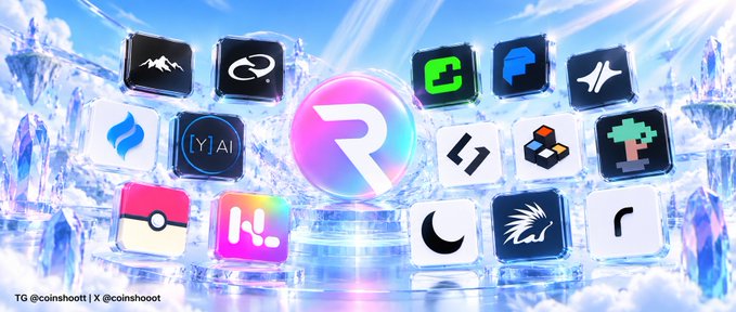 A promotional graphic displays various app icons arranged around a central 'R' logo against a crystalline, cloud-filled background.