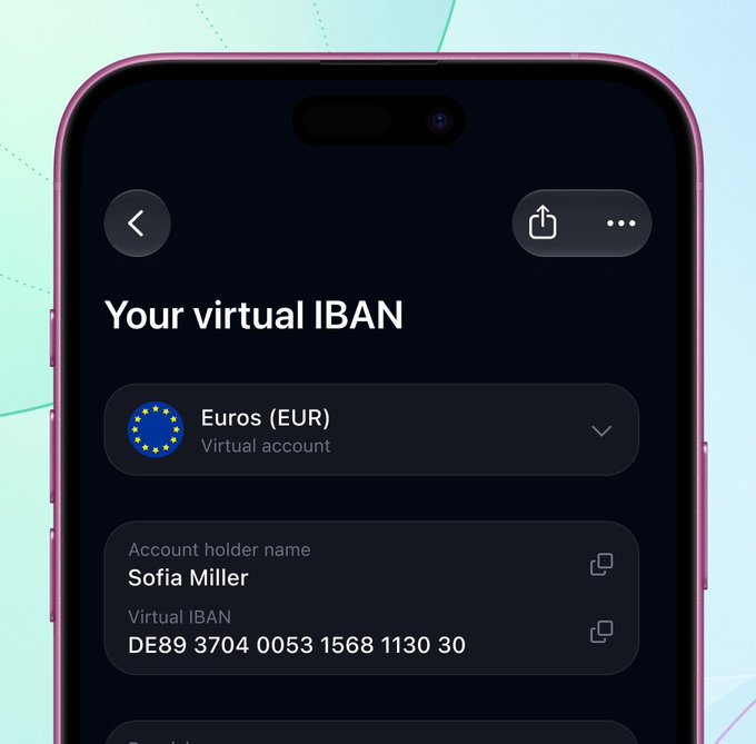 A smartphone displays a virtual IBAN screen for Sofia Miller, showing a Euro (EUR) virtual account with the IBAN number DE89 3704 0053 1568 1130 30, illustrating the newly launched customer-named EUR accounts feature.
