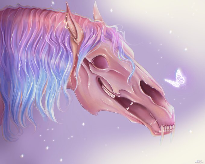 A stylized digital painting of a skeletal unicorn head with a flowing rainbow mane, facing a small glowing butterfly against a soft purple, starry background.