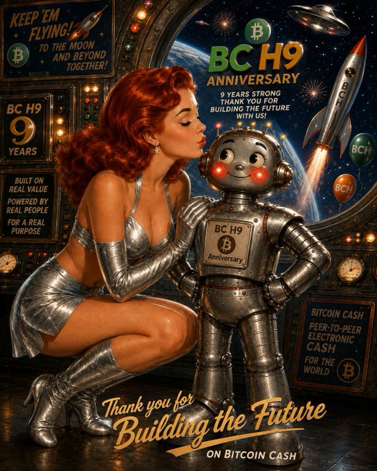 A retro-style poster celebrating the 'BC H9 9 Anniversary' of Bitcoin Cash (BCH), featuring a pin-up style woman kissing a robot, with the text 'Thank you for Building the Future ON BITCOIN CASH'.