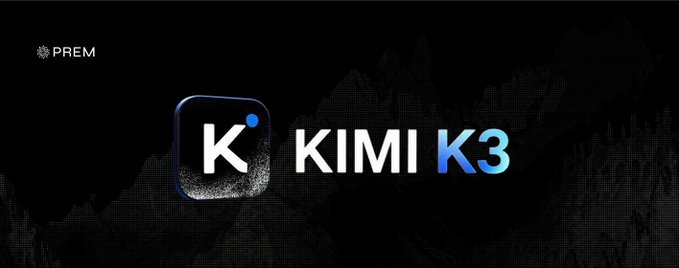 The image displays a dark promotional graphic for "KIMI K3" with a stylized 'K' logo and the "PREM" branding in the upper-left corner. The graphic appears to announce new Kimi-K3 support from Prem, relating to the post's mention of increased LLM model capabilities being driven by Bitcoin researcher demand.