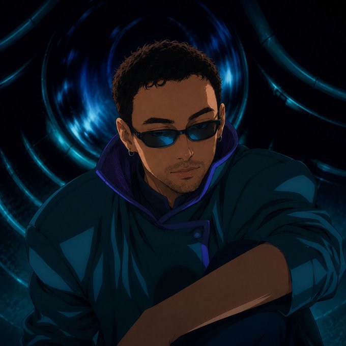A stylized digital portrait of a young man wearing dark rectangular sunglasses and a teal hoodie, posed against a swirling blue cosmic background.