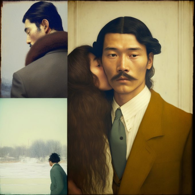 A collage showing three portrait-style images: a man in a dark coat with a fur collar viewed from behind, a close-up of a man with a mustache in a yellow jacket being kissed on the cheek by a woman with long dark hair, and a lone figure in a green coat standing in a snowy landscape—visually evoking the melancholic, intimate themes of Yuma Sogo's "What We Mean When We Stay."