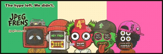 The image displays the "JPEG Frens" website banner featuring the tagline "The hype left. We didn't." alongside four cartoonish character avatars styled as crypto "Frens," including one red-faced character labeled "420" and a green character marked "PRE-RICH," illustrating the custom banner builder functionality promoted in the post.