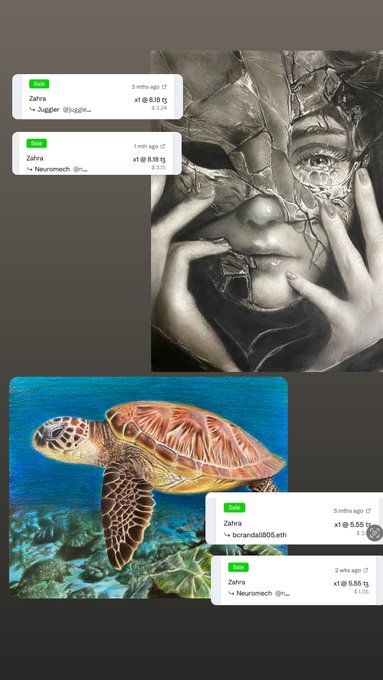 The image features a collage of three pictures, including a drawing of a turtle, a picture of a person's face with a mask, and another drawing of a turtle. The collage includes text that reads "Good morning dear friends#AEW After 4 months away,I’m finally back in the beautiful world of NFTs. I really missed you all and your amazing artworks during this time. Thank you for keeping me in your thoughts and for supporting me by collecting my pieces even while I was gone". The collage is arranged with the turtle drawing on top, followed by a picture of a person's face wearing a mask, and then another turtle drawing at the bottom.