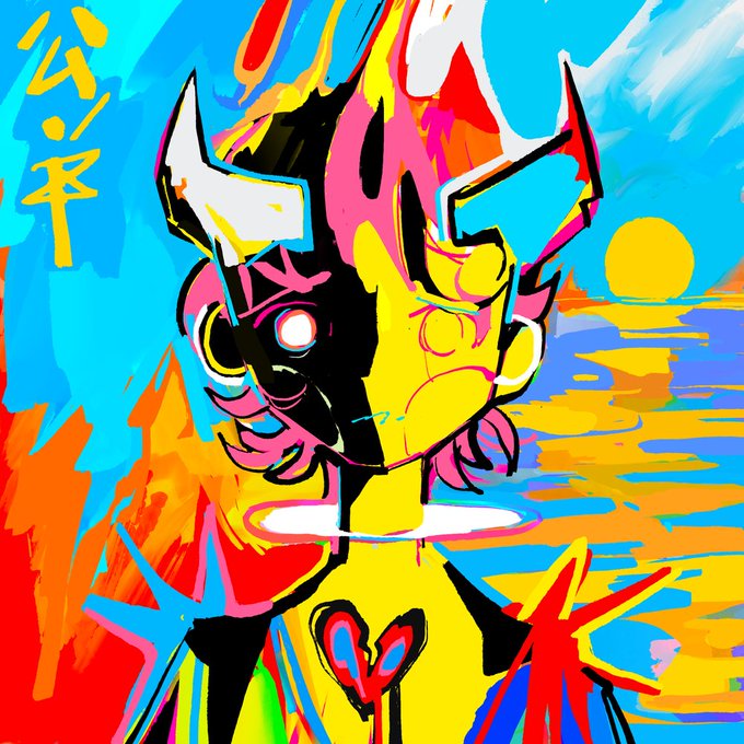 A vibrant, chaotic digital illustration of a stylized character with split pink and yellow coloring, glowing eyes, and a colorful background featuring Japanese text.