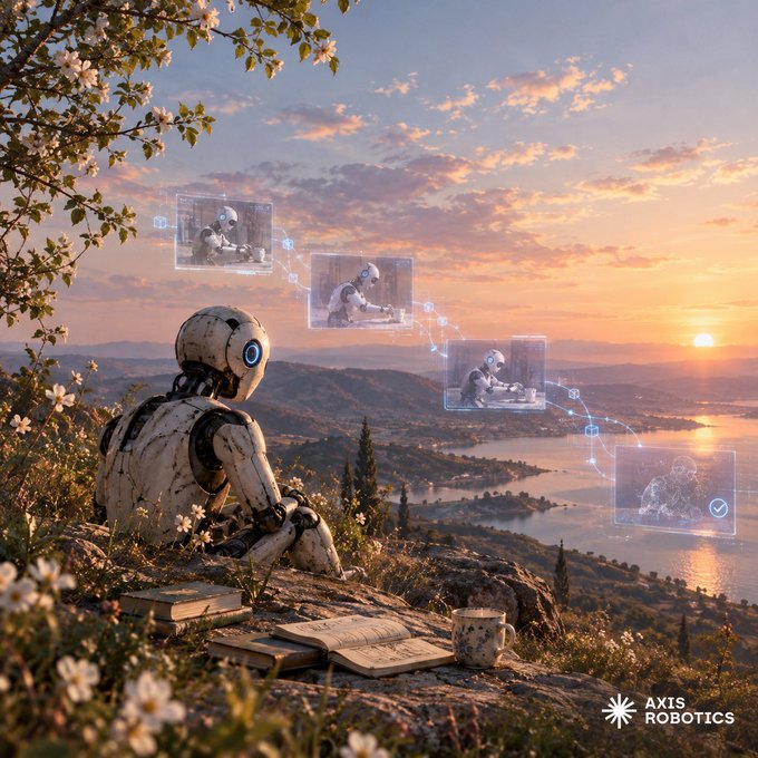 A digital art piece by Axis Robotics depicting a humanoid robot sitting on a scenic cliffside at sunset, reading a book, with holographic thought bubbles showing the robot in various activities.