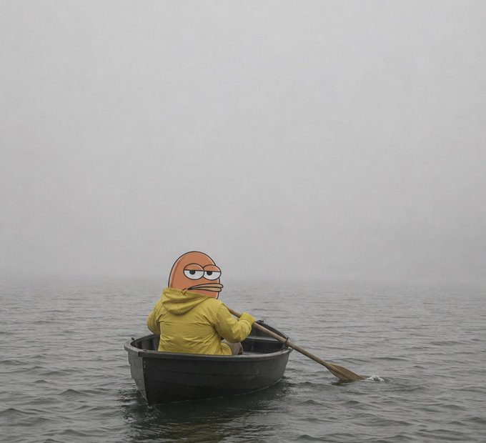 A realistic photo of a figure in a yellow raincoat rowing a small metal boat on foggy gray waters, with an orange cartoon fish-like meme face photoshopped over the head.