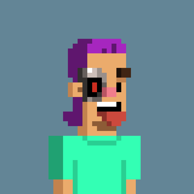 A pixel art portrait of a character with purple hair, a green shirt, red eyes, and what appears to be blood around the mouth, set against a plain gray background.