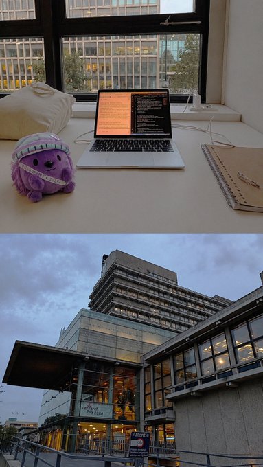 Two stacked photos: the top shows a desk with a laptop, notebook, and a purple plush toy by a window, while the bottom shows a modern multi-story building exterior at dusk.