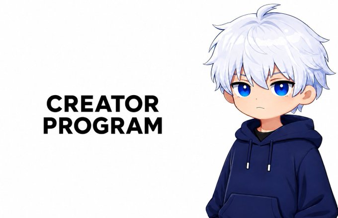 An anime-style character with white hair and blue eyes stands next to the text 'CREATOR PROGRAM' on a white background.