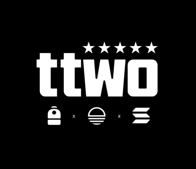 A black logo graphic displays the bold white text "ttwo" with five stars above it, flanked below by the Sunrise, Burger (representing Backpack), and Solana logos connected by "x" symbols. The image visually announces Take-Two's tokenized stock ticker $TTWO launching on the Solana blockchain through Sunrise, paired with the post's financial outlook highlighting FY26 Net Bookings of $6.72B and FY27 projections of $8.0–8.2B.