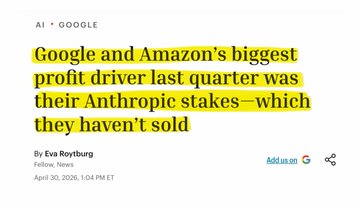 A white background with black text reads "AI Google and Amazon's biggest profit driver last quarter was their anthropic stakes - which they haven't sold."