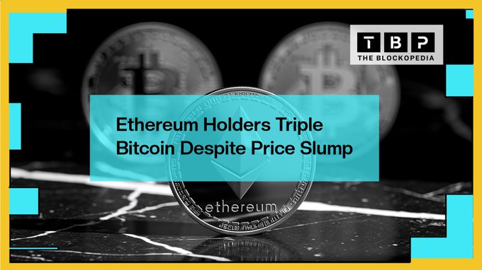 The image shows a coin that has been significantly impacted by price slumps - its value has dropped dramatically compared to when it was bought at full price. The caption below provides an explanation for this phenomenon, stating "Ethereum holders tripled their $BTC bags while ETH price slumped. Accumulation during fear, not panic." This might suggest that investors who held onto the coin during a downward market are now reaping the benefits of its subsequent rebound in value as the market recovers.