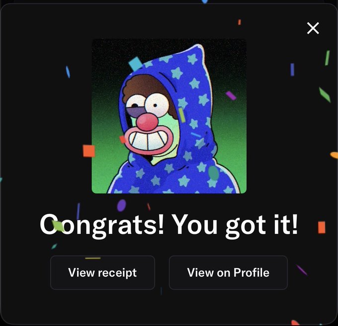A digital pop-up window features a cartoon character in a blue star-patterned hoodie with an excited expression, accompanied by the celebratory text 'Congrats! You got it!' with buttons for 'View receipt' and 'View on Profile'.
