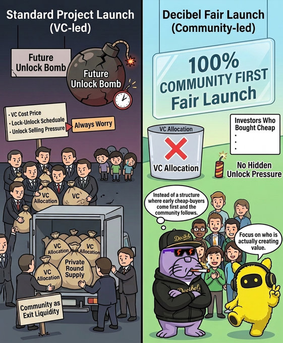 The image shows a cartoon illustration divided into two sections, each representing different scenarios related to launching a new project or product. On the left side of the image, there is text that describes a future event with an element of uncertainty, including V-C bombs as part of its foundation. The right side of the image features a group of people in suits and ties standing together under a banner that says "100% community first fair launch". A yellow dog appears on this side as well.

In the context of the post, the cartoon serves to depict various scenarios surrounding project launch or product development, providing a creative way for viewers to understand these concepts through a visual medium.