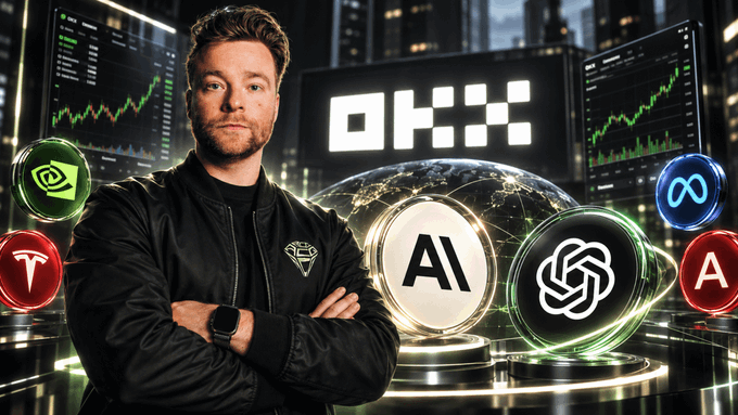 A man in a black jacket stands confidently with arms crossed in front of OKX branding, alongside AI tokens featuring "AI," ChatGPT, and "A" logos against a backdrop of trading charts and a glowing globe, visually reinforcing the post's message about OKX's 24/7 crypto-based trading of tokenized stocks and AI company positions.