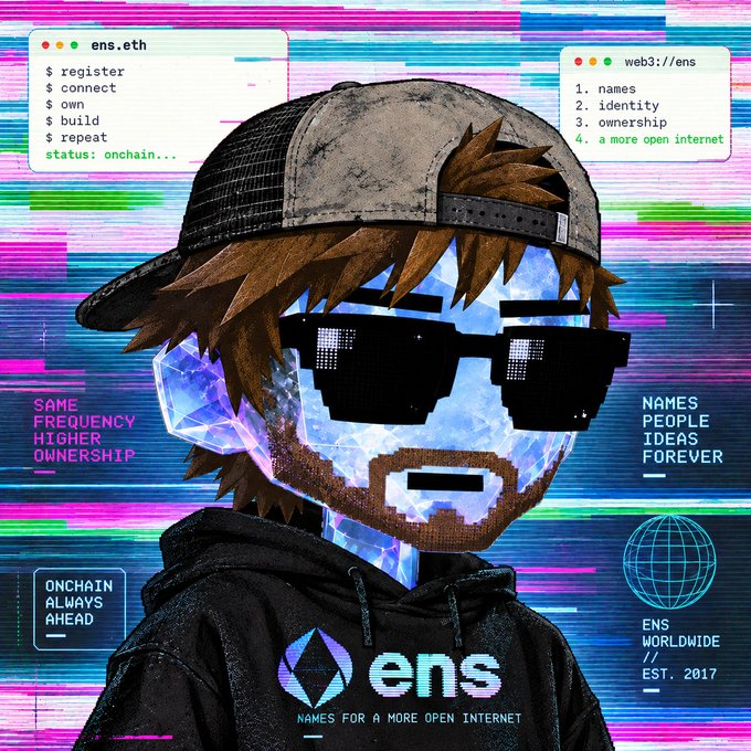 An anime-style digital art piece featuring a character wearing pixelated 'deal with it' sunglasses and an 'ens' hoodie, with terminal windows displaying 'ens.eth' and 'web3://ens' commands amid glitch effects.