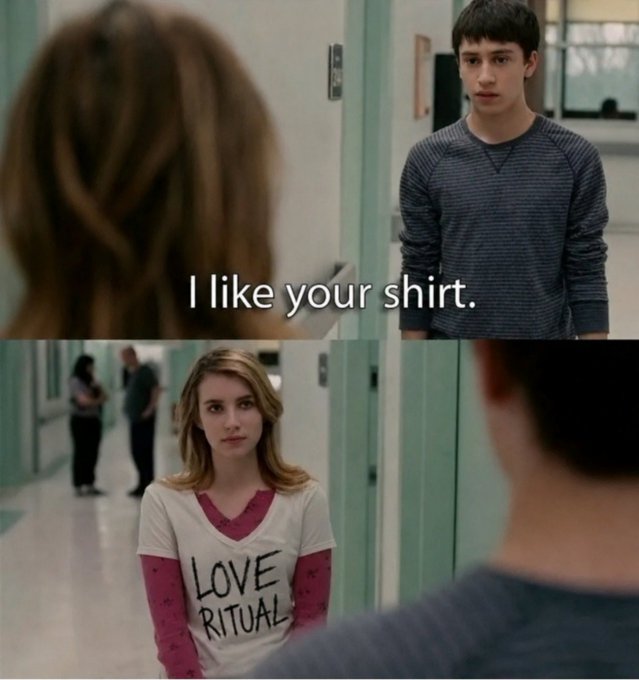 Two screenshots from a TV show show a teenage boy telling a girl "I like your shirt," which reads "LOVE RITUALS."