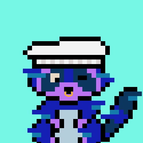 Pixel art of a blue and purple cat-like character wearing a white sailor hat against a light teal background.