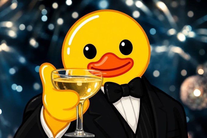 This image depicts a cheerful duck character dressed in a tuxedo and holding a champagne glass against a bokeh background, likely celebrating the news related to $UTYA. The image relates to the post by visually representing the celebratory sentiment surrounding the token, hinting at potential gains and excitement.