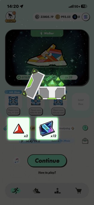 A mobile game screen showing a sneaker upgrade interface with a 'Walker' sneaker and resource items (x2 and x12) above a green 'Continue' button.
