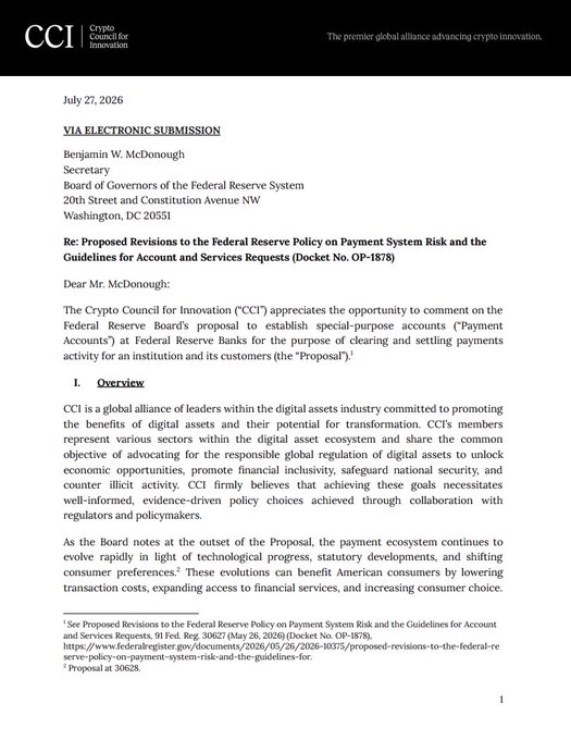 A formal letter from the Crypto Council for Innovation (CCI) dated July 27, 2026, addressed to Federal Reserve Secretary Benjamin W. McDonough, regarding proposed revisions to payment system risk guidelines.