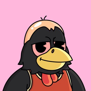 A cartoon illustration of a smug-looking black bird with a yellow beak and red wattle, appearing to be a chicken or crow character on a pink background.