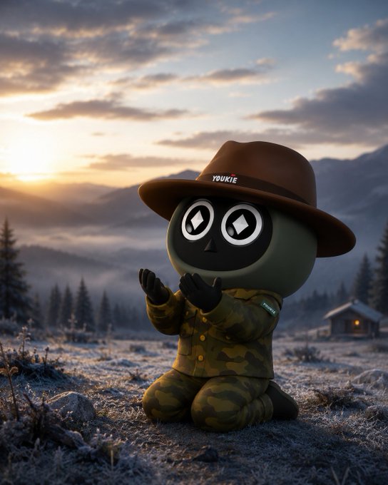 A 3D-rendered cartoon character with large eyes, wearing a brown hat labeled 'YOUKIE' and a camouflage outfit, kneels with hands clasped in prayer against a mountainous sunrise landscape.