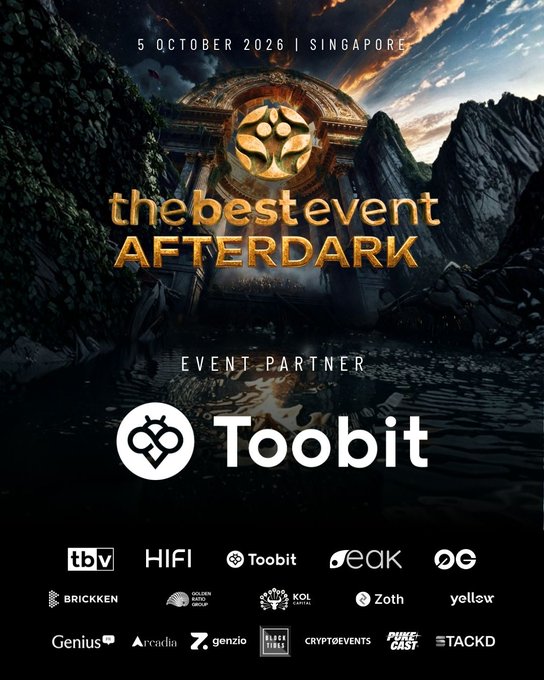 The image is a promotional poster for "the best event AFTERDARK" scheduled for 5 October 2026 in Singapore, featuring Toobit as the Event Partner alongside various sponsor logos including TBV, HIFI, Toobit, eak, oe, BRICKKEN, Golden Cross Group, KOL Capital, Zoth, yollex, Genius, Arcadia, Genzio, Buffet Tools, Crypto Events, Pukecast, and Tackd. The poster ties into the caption by highlighting Toobit's award-winning status, showcasing the exchange as a featured event partner for a major industry conference following its recognition at the CoinGape Web3 Innovation Awards.