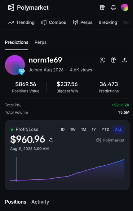 Polymarket user profile screenshot for 'norm1e69' showing $869.56 positions value, $237.56 biggest win, 36,473 predictions, +$216.2K total PnL, 15.5M total volume, and a profit/loss graph showing $960.96.