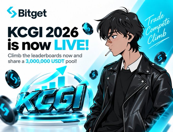 A promotional graphic for Bitget's KCGI 2026 trading competition, announcing it is live with a 3,000,000 USDT prize pool, featuring an anime-style character in a black leather jacket alongside 'Trade Compete Climb' text.