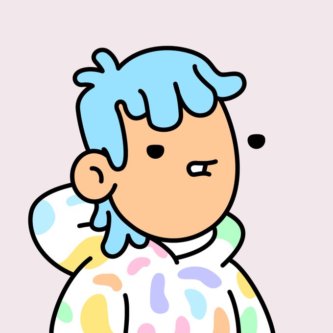 A cartoon-style illustration of a Doodles NFT character with light blue hair and a pastel-spotted white hoodie on a soft pink background, matching the post's description of a recently acquired "clean spotted hoodie" piece that the user considers an underrated IP in the NFT space.