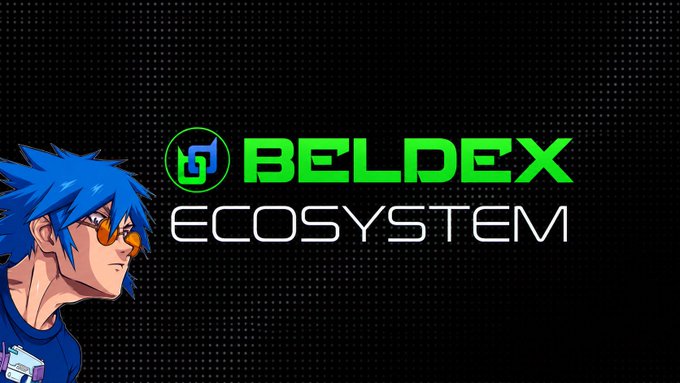 A banner featuring an anime-style character with blue spiky hair and orange sunglasses alongside the text 'BELDEX ECOSYSTEM' in green and white on a black dotted background.