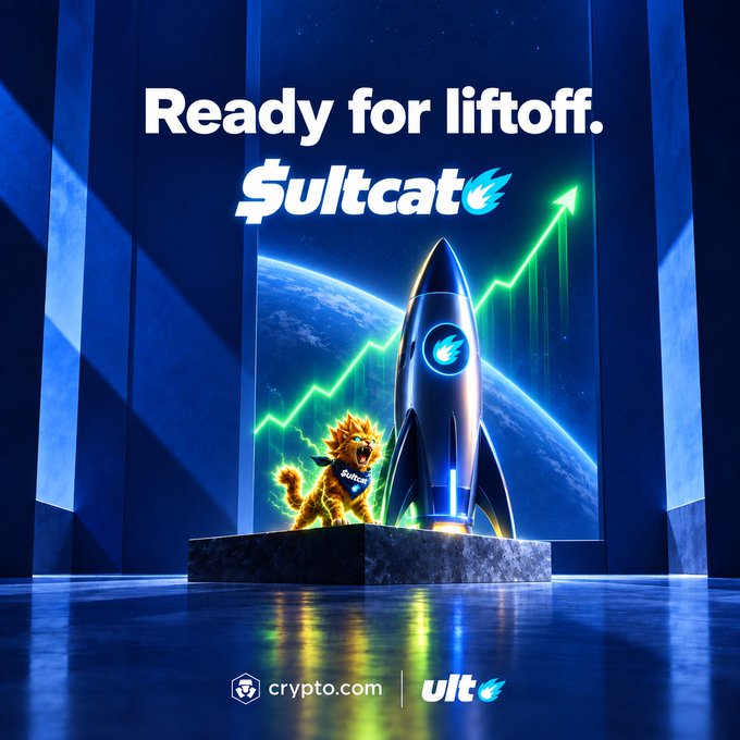 A promotional graphic reads "Ready for liftoff." featuring the "$ultcat" cryptocurrency token, with a rocket, a lion character, and logos for crypto.com and ULT.