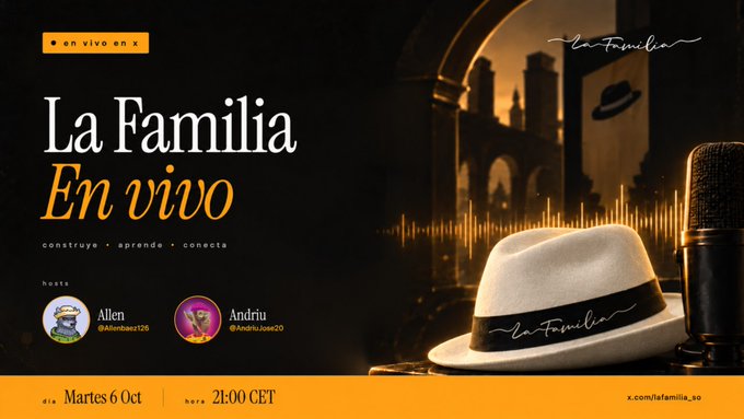 A promotional poster for "La Familia En vivo" featuring a white fedora hat with "la Familia" written on it, a microphone, and text announcing a live event on Martes 6 Oct at 21:00 CET, hosted by Allen (@elnumber126) and Andriu (@AndriuJose03).
