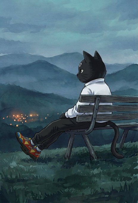 An illustrated artwork of an anthropomorphic black cat wearing a white hoodie and sneakers, sitting alone on a bench overlooking misty mountains at dusk.