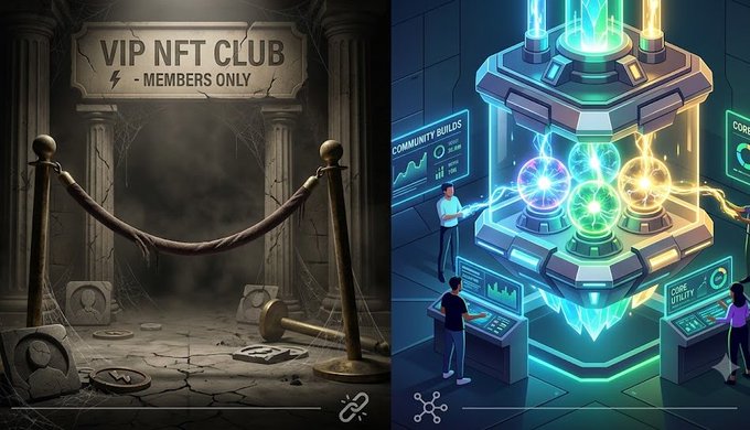 The image is split into two panels: on the left, a decaying VIP NFT Club entrance draped in velvet ropes and cobwebs, with the sign reading "VIP NFT CLUB - MEMBERS ONLY"; on the right, a futuristic, glowing community-building hub where members actively construct and power a system together. The contrast visually echoes the post's critique—NFT projects sold the illusion of an exclusive "VIP club" community, but in reality members were passive hostages holding JPEGs while founders held the real power, rather than genuine builders shaping something together.