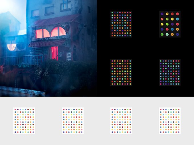 An atmospheric image of a building with red-lit windows alongside multiple displays of colorful dot patterns on dark backgrounds.